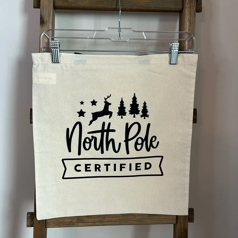 Sarnico Designs Cream Tote Bag with Black Vinyl North Pole Certified Design New